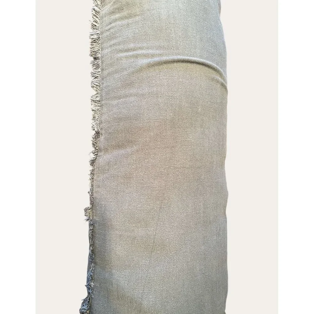 Lumbar Pillow With Fringe Trim Soft Grey Rayon Linen Blend Decorative Accent